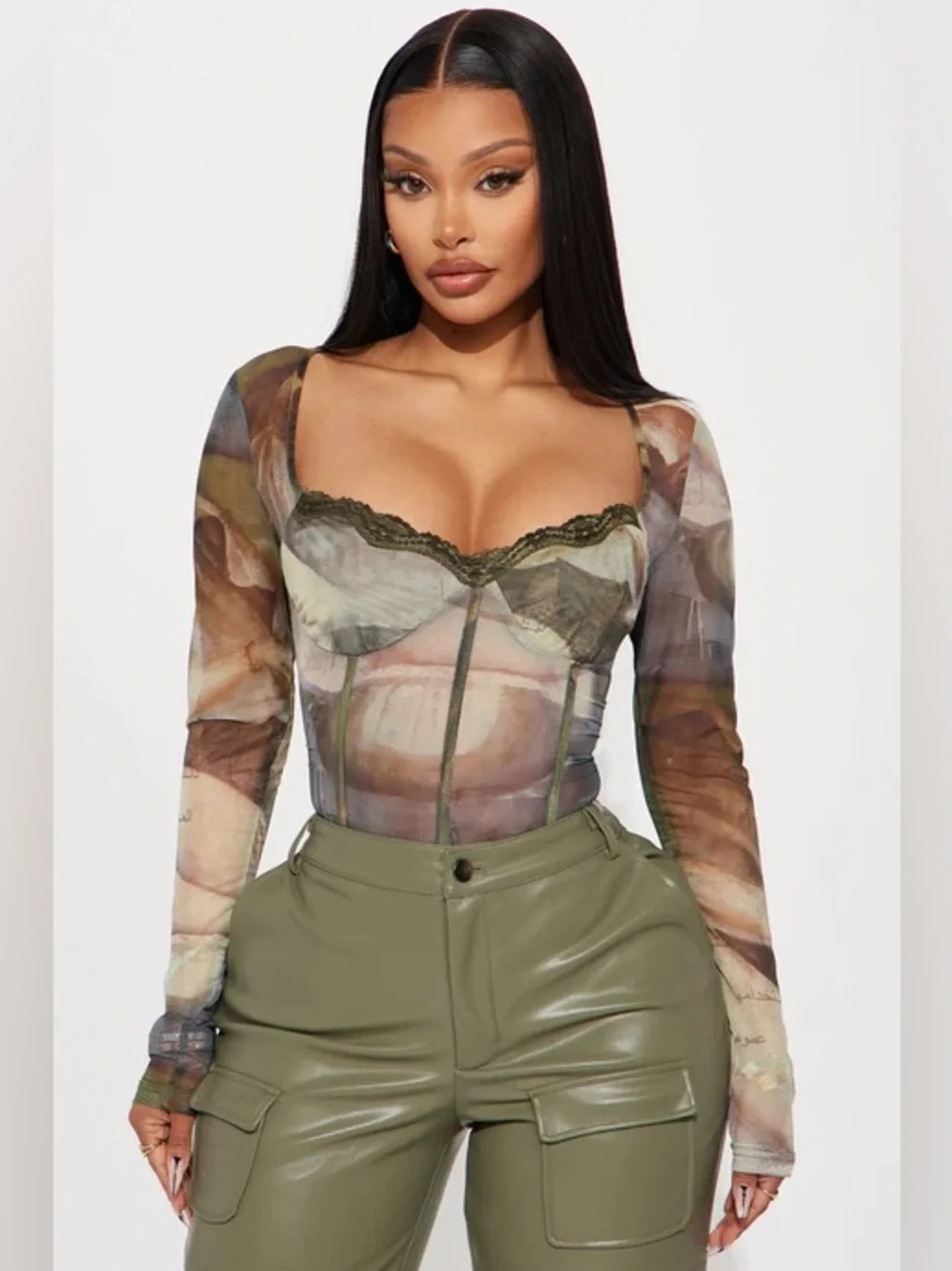 Fashion Nova Green Mesh Bodysuit - Picture 2 of 6